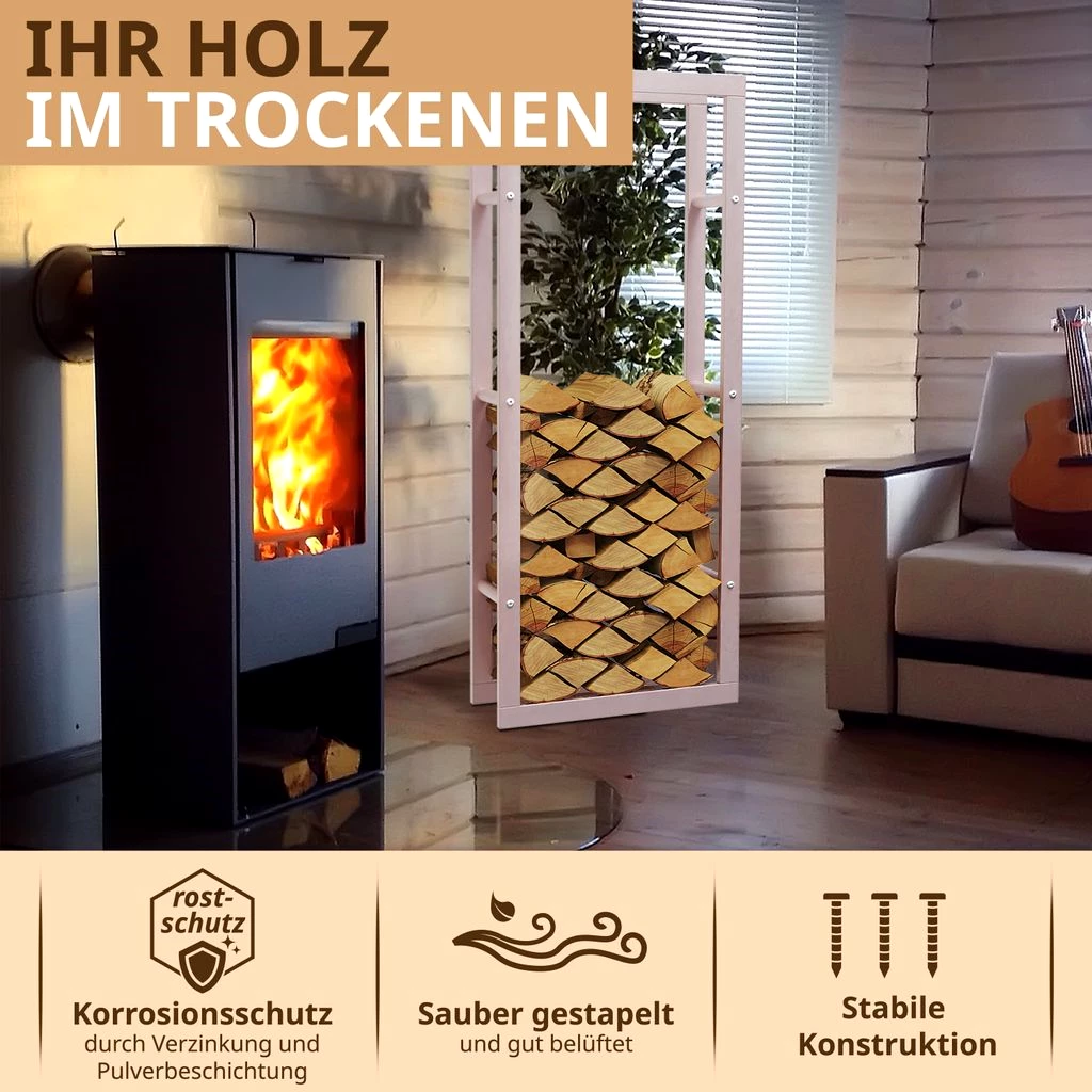 Kaminholzregal innen + außen Metall verzinkt 60x25x150 Beige / Cremeweiß Feuerholzregal