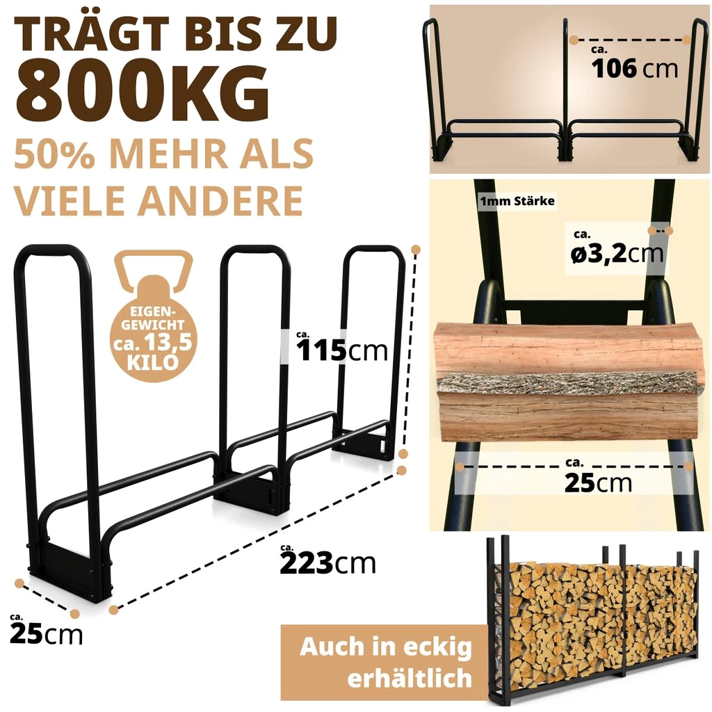 Kaminholzregal außen 223x25x115 Metall verzinkt 800kg Stapelhilfe Brennholz Regal für Feuerholz