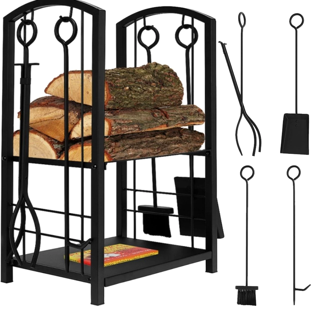 Holzkorb mit Kaminbesteck Korb Besteck Kaminzubehör schwarz Edelstahl 8785