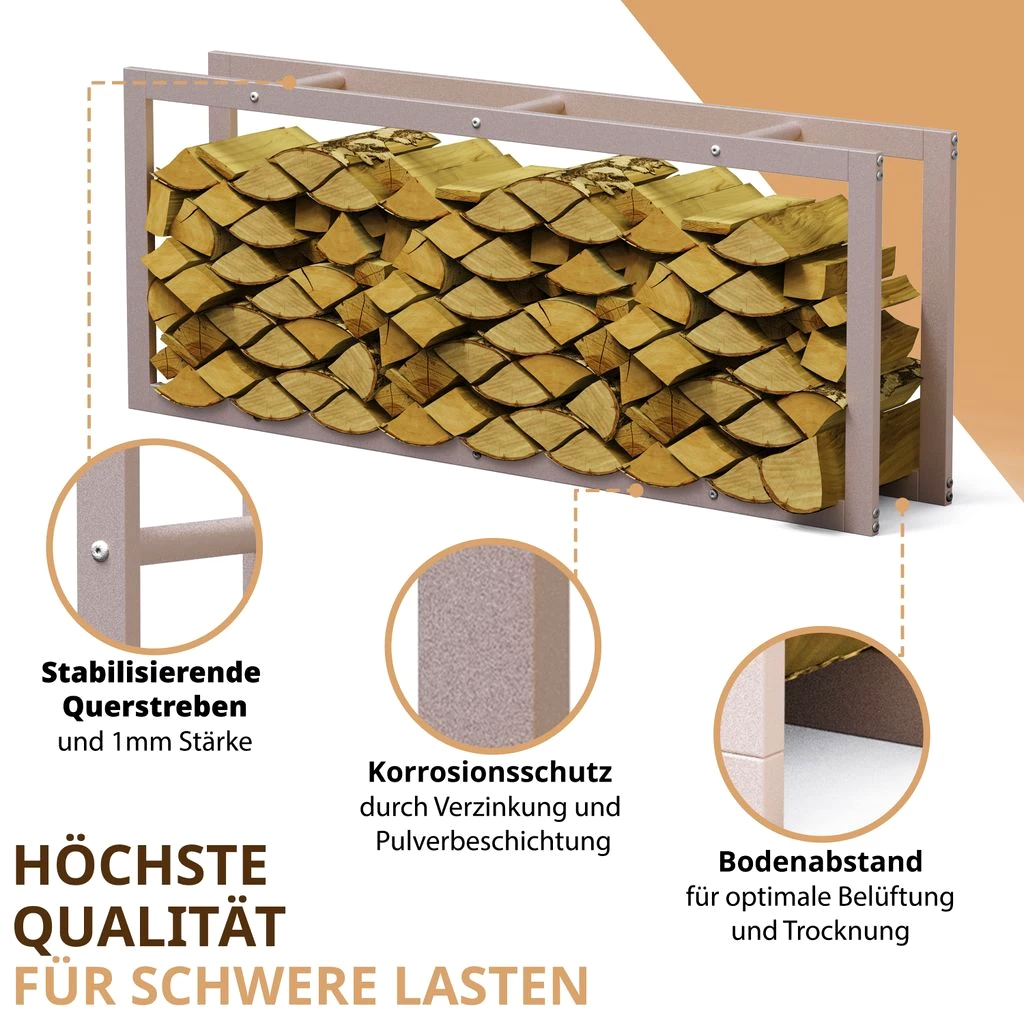 Kaminholzregal innen + außen Metall verzinkt 60x25x150 Beige / Cremeweiß Feuerholzregal