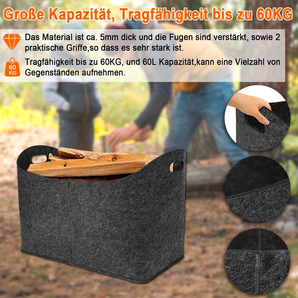 LZQ 2 Stück Kaminholztasche aus Filz Holzkorb XL Kaminholzkorb Holztasche Filztasche für Holz