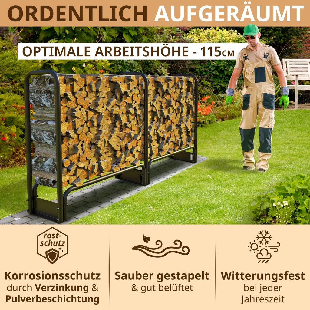 Kaminholzregal außen 223x25x115 Metall verzinkt 800kg Stapelhilfe Brennholz Regal für Feuerholz