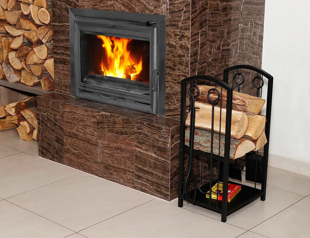 Holzkorb mit Kaminbesteck Korb Besteck Kaminzubehör schwarz Edelstahl 8785