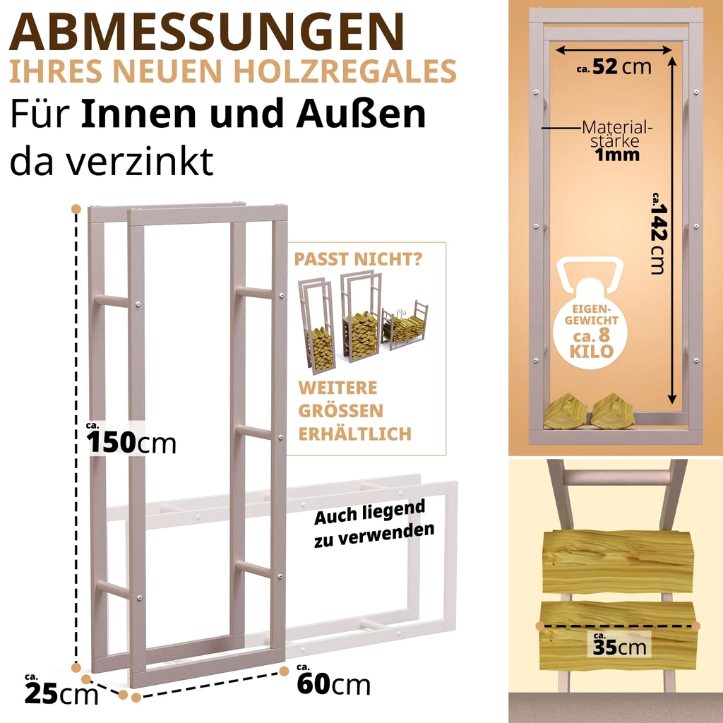 Kaminholzregal innen + außen Metall verzinkt 60x25x150 Beige / Cremeweiß Feuerholzregal